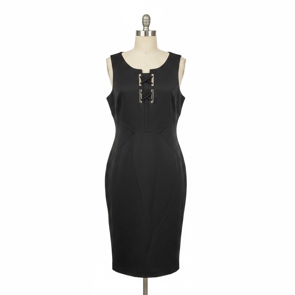 Ivanka Trump Black Sleeveless Sheath Dress Lace Up Neck Size 14